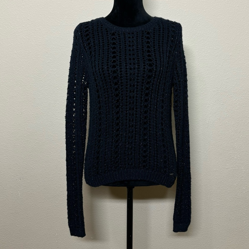 Hollister top women large long sleeve crochet open knit glitter pullover sweater